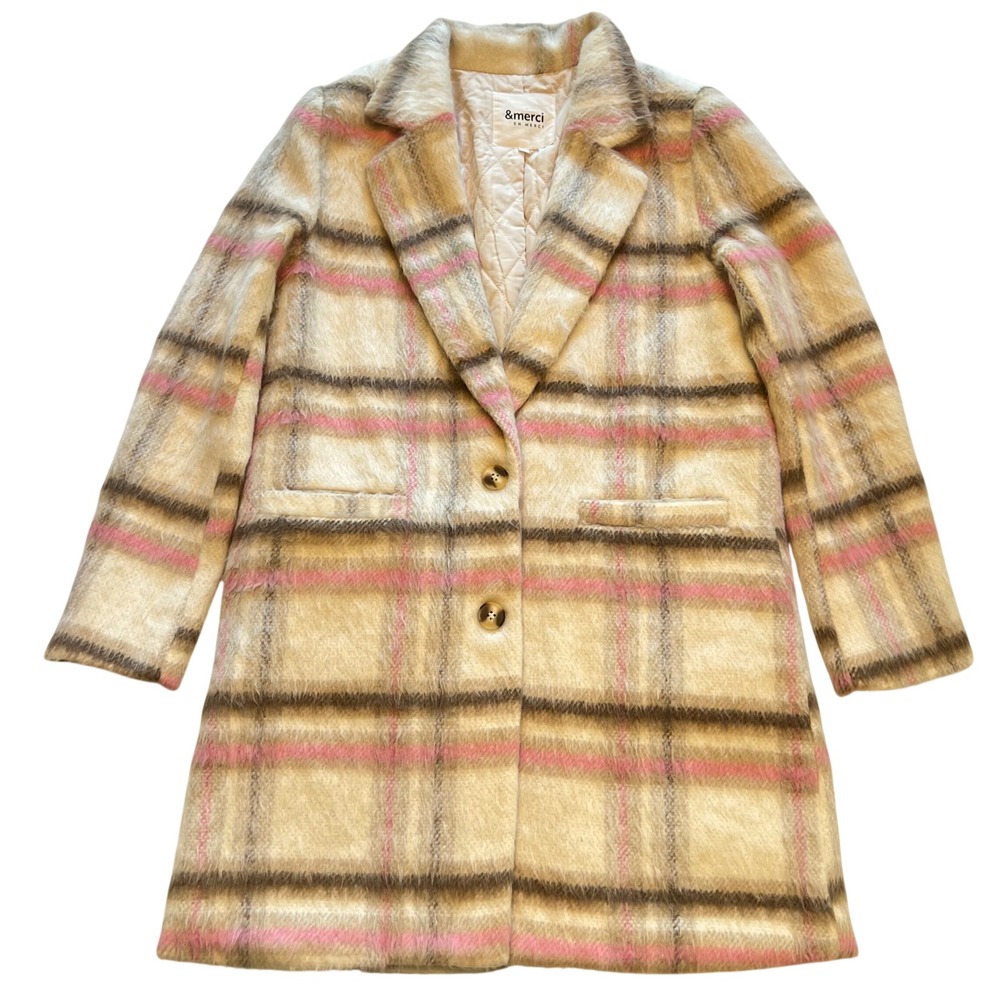 &merci Cream Pink Brown Plaid Fuzzy Classic Preppy Academia Longline Coat Size S - Picture 2 of 8